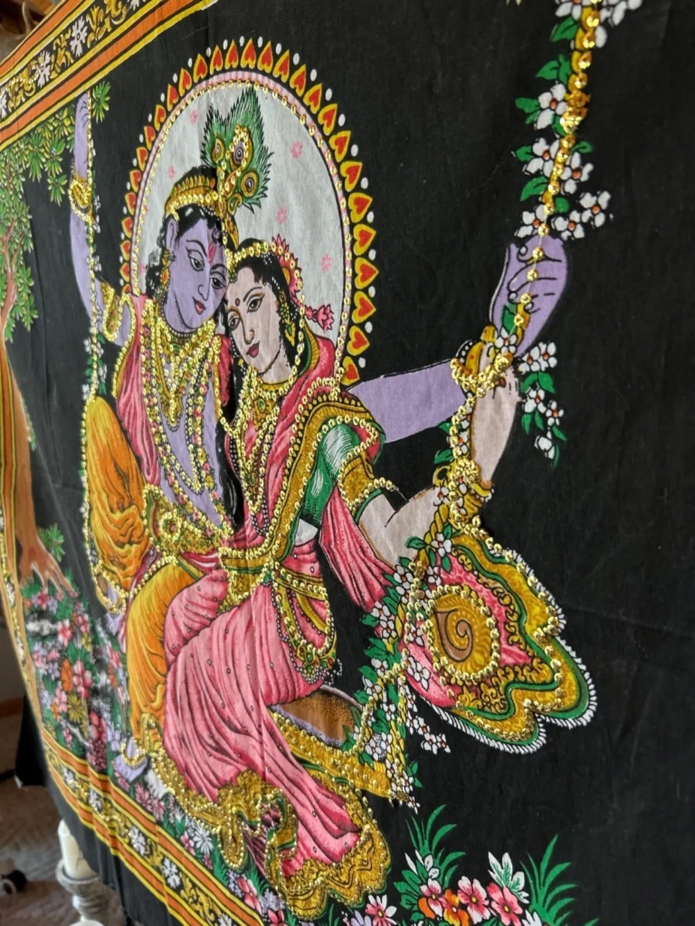 Pichwai Style Krishna Radha Sequin Tapestry | Sacred Hindu Folk Art Wall Decor